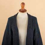 100% baby alpaca cardigan, 'Midnight Routes' - Soft Midnight and Turquoise 100% Baby Alpaca Cardigan