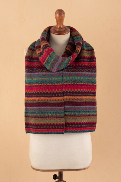 100% alpaca scarf, 'Patterned Symphony' - Colorful Peruvian 100% Alpaca Scarf with Andean Patterns