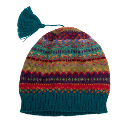 100% alpaca hat, 'Patterned Symphony' - Colorful Knit 100% Alpaca Hat with Andean Patterns & Tassel