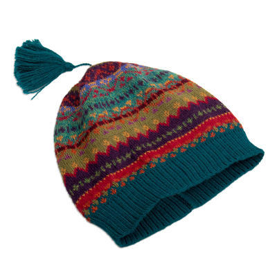 100% alpaca hat, 'Patterned Symphony' - colourful Knit 100% Alpaca Hat with Andean Patterns & Tassel