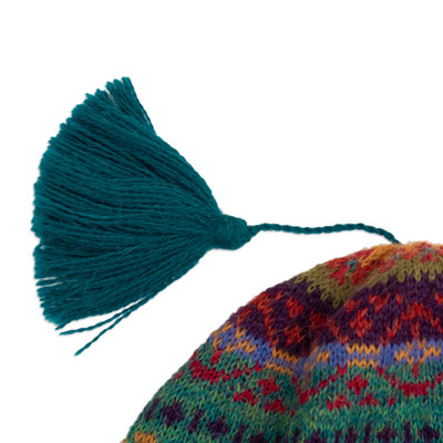 100% alpaca hat, 'Patterned Symphony' - colourful Knit 100% Alpaca Hat with Andean Patterns & Tassel