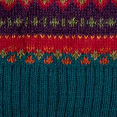 100% alpaca hat, 'Patterned Symphony' - colourful Knit 100% Alpaca Hat with Andean Patterns & Tassel