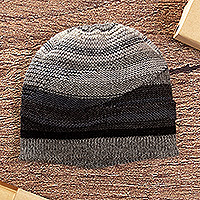 100% alpaca hat, 'Monochromatic Shades' - Knit 100% Alpaca Hat in Grey Silver and Black Hues from Peru