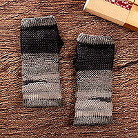 100% alpaca fingerless mittens, 'Monochromatic Shades' - 100% Alpaca Grey and Black Knit Fingerless Mittens from Peru