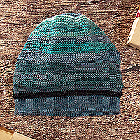100% alpaca hat, 'Shades of Blue' - Knit 100% Alpaca Hat in Blue and Teal Shades from Peru