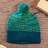 Alpaca blend hat, 'Pretty in Blue' - Blue Teal Green Patterned Knit Alpaca Blend Hat with Pompom