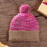 Alpaca blend hat, 'Pretty in Pink' - Patterned Knit Alpaca Blend Hat with Pompom in Pink & Brown