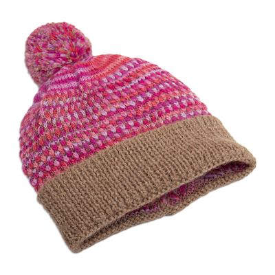 Sombrero de mezcla de alpaca - Gorro de punto estampado en mezcla de alpaca con pompón en rosa y marrón