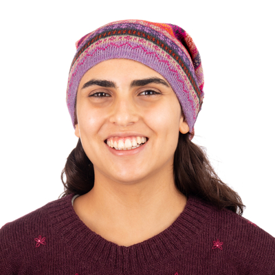 100% alpaca hat, 'La Vie en Rose' - Jacquard Knit 100% Alpaca Hat in Pink Fuchsia and Lavender