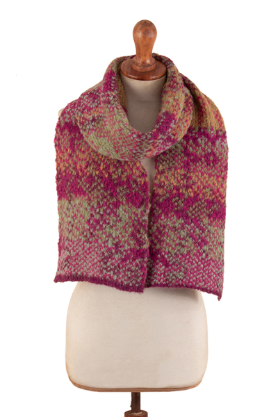 Alpaca blend scarf, 'Burgundy Andean Mosaics' - Knit Alpaca Blend Scarf in Burgundy Pink Green & Yellow Hues