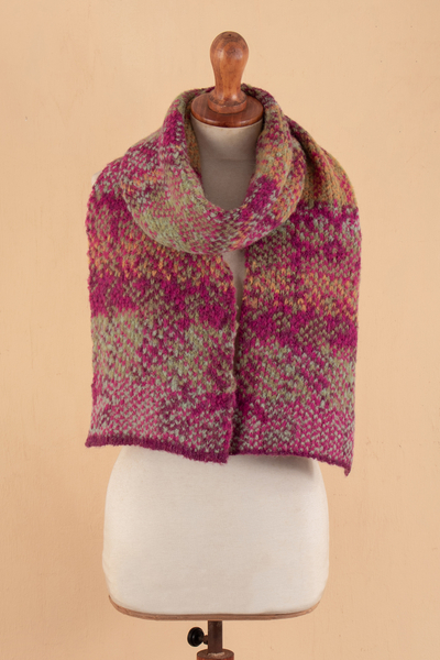Alpaca blend scarf, 'Burgundy Andean Mosaics' - Knit Alpaca Blend Scarf in Burgundy Pink Green & Yellow Hues