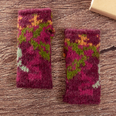 Alpaca blend fingerless mittens, 'Burgundy Andean Mosaics' - Alpaca Blend Knit Fingerless Mittens in Burgundy and Green