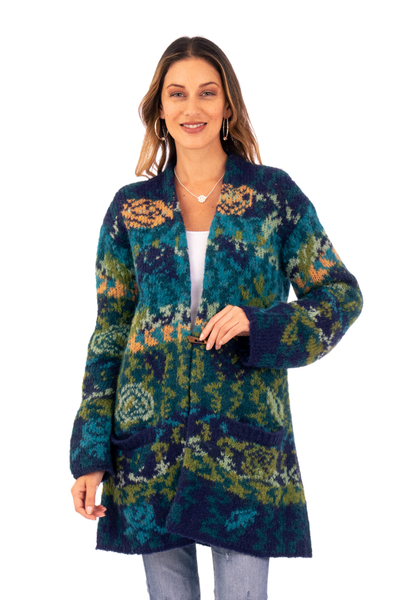 Alpaca blend cardigan, 'Blue Andean Mosaics' - Alpaca Blend Knit Long-Sleeved Floral Cardigan in Blue