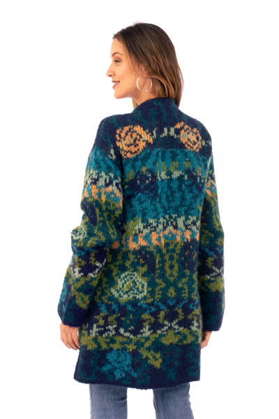 Alpaca blend cardigan, 'Blue Andean Mosaics' - Alpaca Blend Knit Long-Sleeved Floral Cardigan in Blue