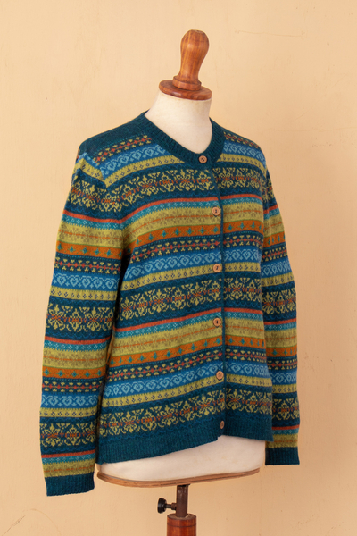 100% alpaca cardigan, 'Serene Melange' - Striped Floral Blue, Green and Orange 100% Alpaca Cardigan