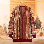 Baby Alpaca Blend Cardigan with Geometric Patterns from Peru, 'Zig-Zag Threads in Red'