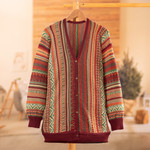 Baby alpaca blend cardigan, 'Zig-Zag Threads in Red' - Baby Alpaca Blend Cardigan with Geometric Patterns from Peru