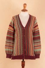 Baby alpaca blend cardigan, 'Zig-Zag Threads in Red' - Baby Alpaca Blend Cardigan with Geometric Patterns from Peru