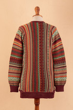 Baby alpaca blend cardigan, 'Zig-Zag Threads in Red' - Baby Alpaca Blend Cardigan with Geometric Patterns from Peru