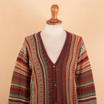 Baby alpaca blend cardigan, 'Zig-Zag Threads in Red' - Baby Alpaca Blend Cardigan with Geometric Patterns from Peru