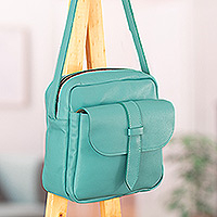 Leather sling bag, 'Alluring Sky' - Leather Sling Bag with Adjustable Strap in Sky Blue Shade