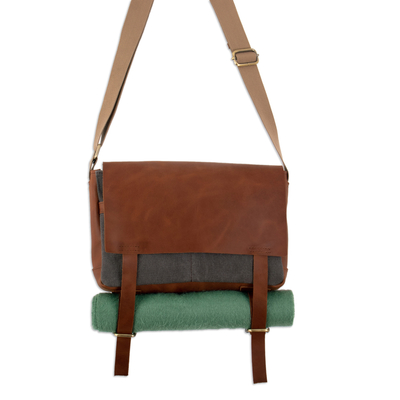 Leather and cotton messenger bag, 'Terrain Explorer' - Leather and Cotton Messenger Bag with Adjustable Straps