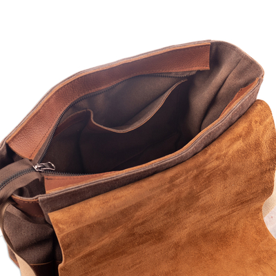 Umhängetasche aus Leder und Baumwolle - Braune Umhängetasche aus Leder und Baumwolle mit verstellbaren Trägern