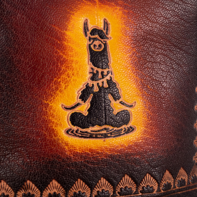Leather sling, 'Andean Adventures' - Llama-Themed Brown and Red Leather Sling from Peru