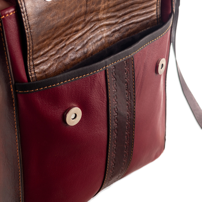 Leather and wool sling bag, 'Route to Adventure' - Burgundy Leather Sling Bag with Hand Loomed Wool Accent