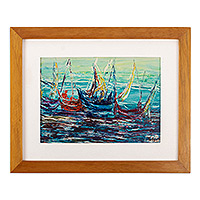 'Sailboats at High Seas' - Framed Signed Expressionist Blue Oil Seascape Painting