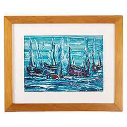 'Veleros en azul' - Pintura al óleo azul expresionista firmada y enmarcada de veleros
