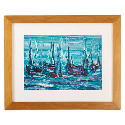 'Veleros en Azul' - Pintura al óleo azul expresionista firmada enmarcada de veleros