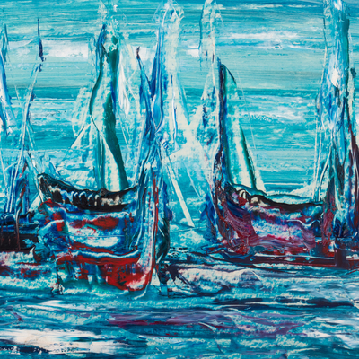 'Sailboats in Blue' - Framed Signed Expressionist Blue Oil Painting of Sailboats