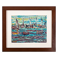 'Fishing Port' - Framed Signed Expressionist Oil Fishing Port Painting