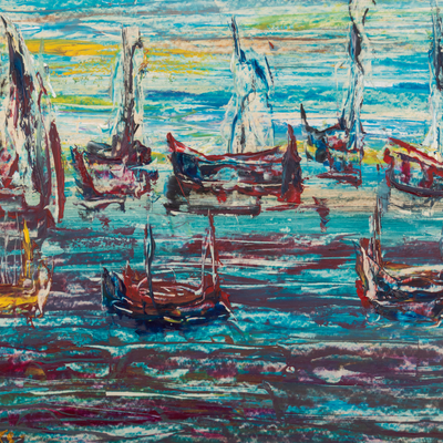 'Fishing Port' - Cuadro de puerto pesquero al óleo expresionista firmado y enmarcado