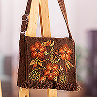 Bolso de cabestrillo hecho a mano, 'Sunrise in Arcadia' - Bolso de cabestrillo naranja y marrón bordado floral y frondoso