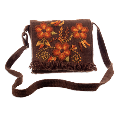 Handgewebte Umhängetasche - Mit Blumen und Blättern bestickte Umhängetasche in Orange und Braun