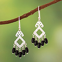 Onyx chandelier earrings, 'Moche Icon' - Polished Geometric Natural Onyx Chandelier Earrings