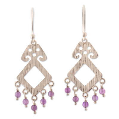 Amethyst chandelier earrings, 'Moche Spirit' - Polished Geometric Natural Amethyst Chandelier Earrings
