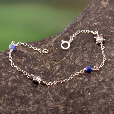 Sodalite link bracelet, 'Marine Marvel' - Sterling Silver Turtle Link Bracelet with Sodalite Beads