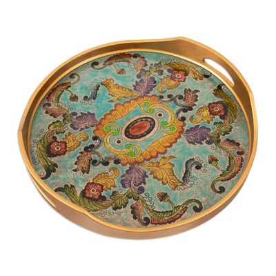 Reverse-painted glass tray, 'Baroque Reef' - Handcrafted Baroque Leafy Reverse-Painted Glass Tray