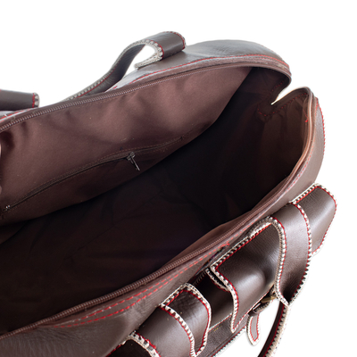 Leather travel bag, 'Explorer Journey' - Stitch-Trim Leather Travel Bag with Handwoven Wool Accent