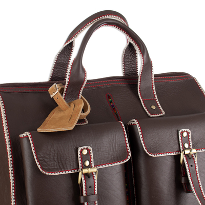 Bolsa de viaje de cuero - Bolso de viaje de cuero con ribetes cosidos y detalles de lana tejida a mano