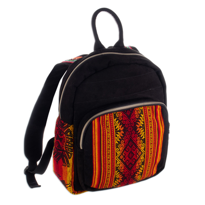 Cotton and wool backpack, 'The Nasturtium Empire' - Inca-Inspired Orange and Black Cotton and Wool Backpack