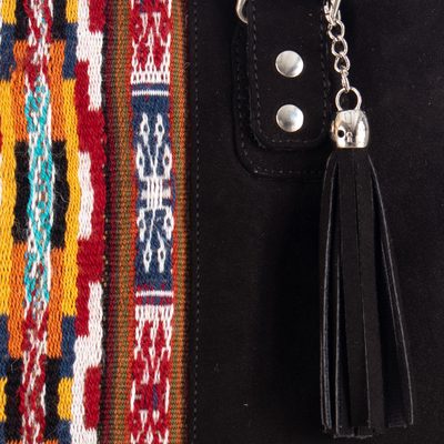 Cotton and wool handle bag, 'Midnight Chic' - Cotton Handle Bag with Hand-Woven Inca-Themed Wool Accent