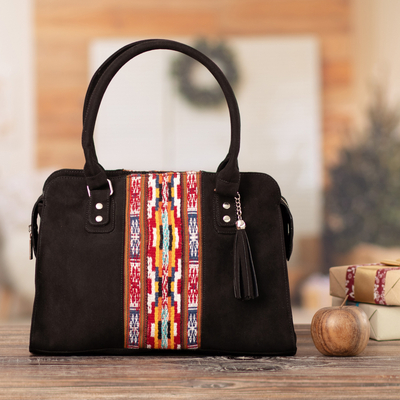 Cotton and wool handle bag, 'Midnight Chic' - Cotton Handle Bag with Hand-Woven Inca-Themed Wool Accent