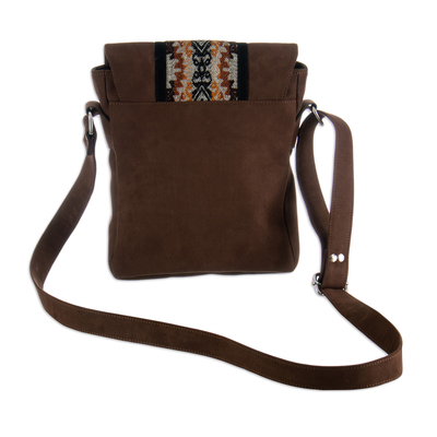 Cotton and wool sling, 'Chocolate Civilization' - Chocolate Cotton Sling Bag with Inca-Inspired Wool Textile