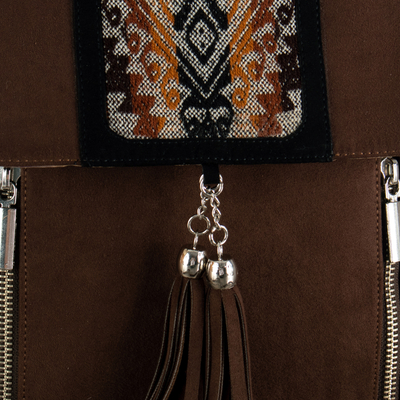 Honda de algodón y lana - Bolso bandolera de algodón color chocolate con tejido de lana de inspiración inca