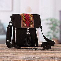Cotton and wool sling bag, 'Enchanting Civilization' - Cotton Sling Bag with Handwoven Inca-Inspired Wool Accent