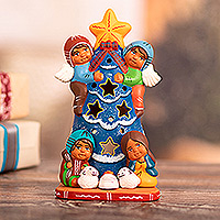 Escultura de Natividad de Cerámica, 'Celebración Celestial' - Belén de Cerámica Tradicional Pintado a Mano en Azul